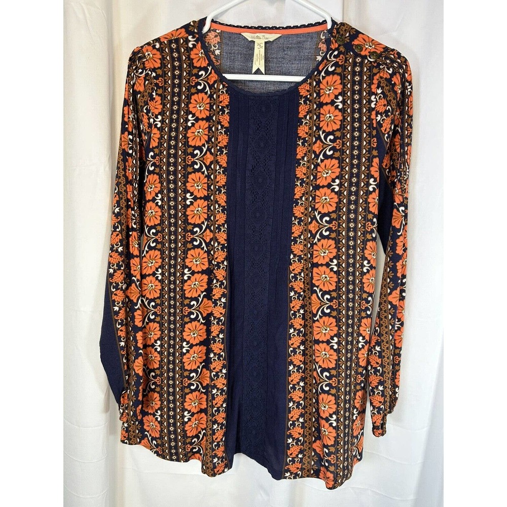 Matilda Jane Womens Size Small Floret Blouse Long Sleeve Orange Navy Blue Floral